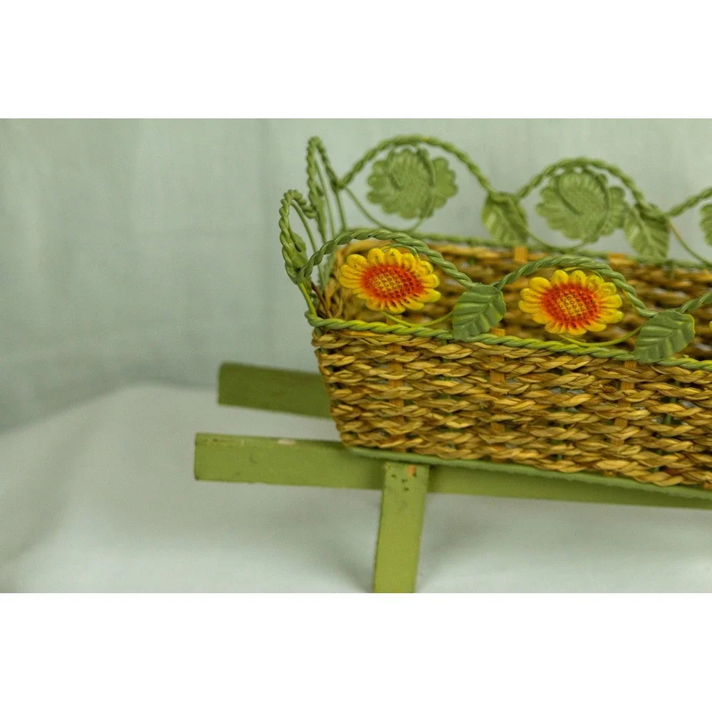 Vintage Style Wicker Wheelbarrow Planter Sunflower Metal Garden Decor Green